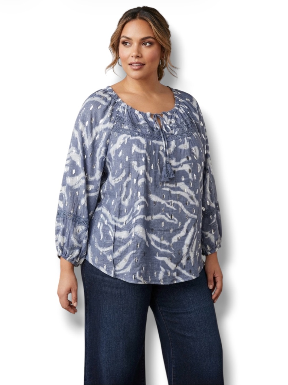 Cato Boho Metallic Foil Tie Dye Peasant Blouse Blue Silver Plus Size 22/24W NWT